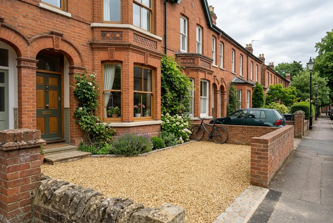 Victorian red-brick terrace in Oxford with a new golden gravel front drive