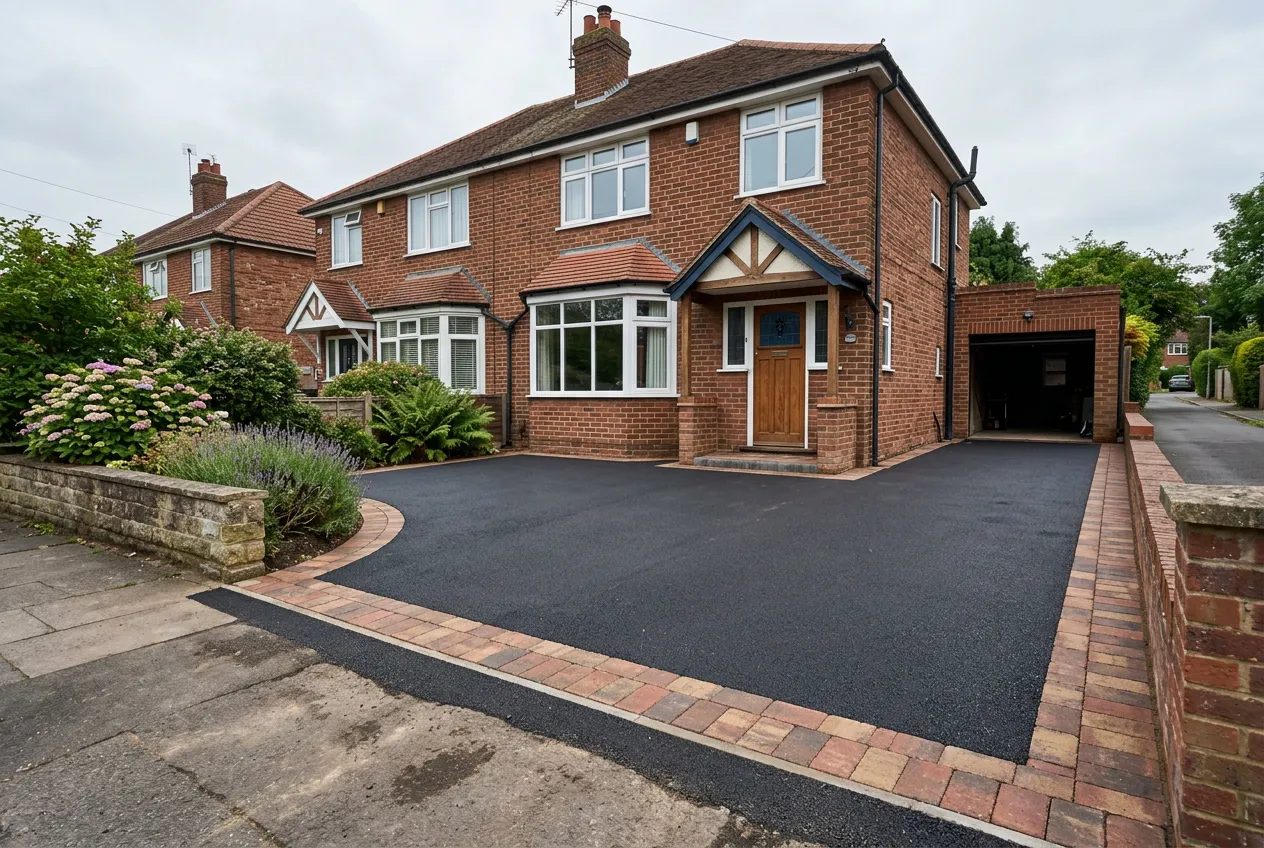 Fresh black tarmac driveway with brindle block edging before a 1930s brick semi